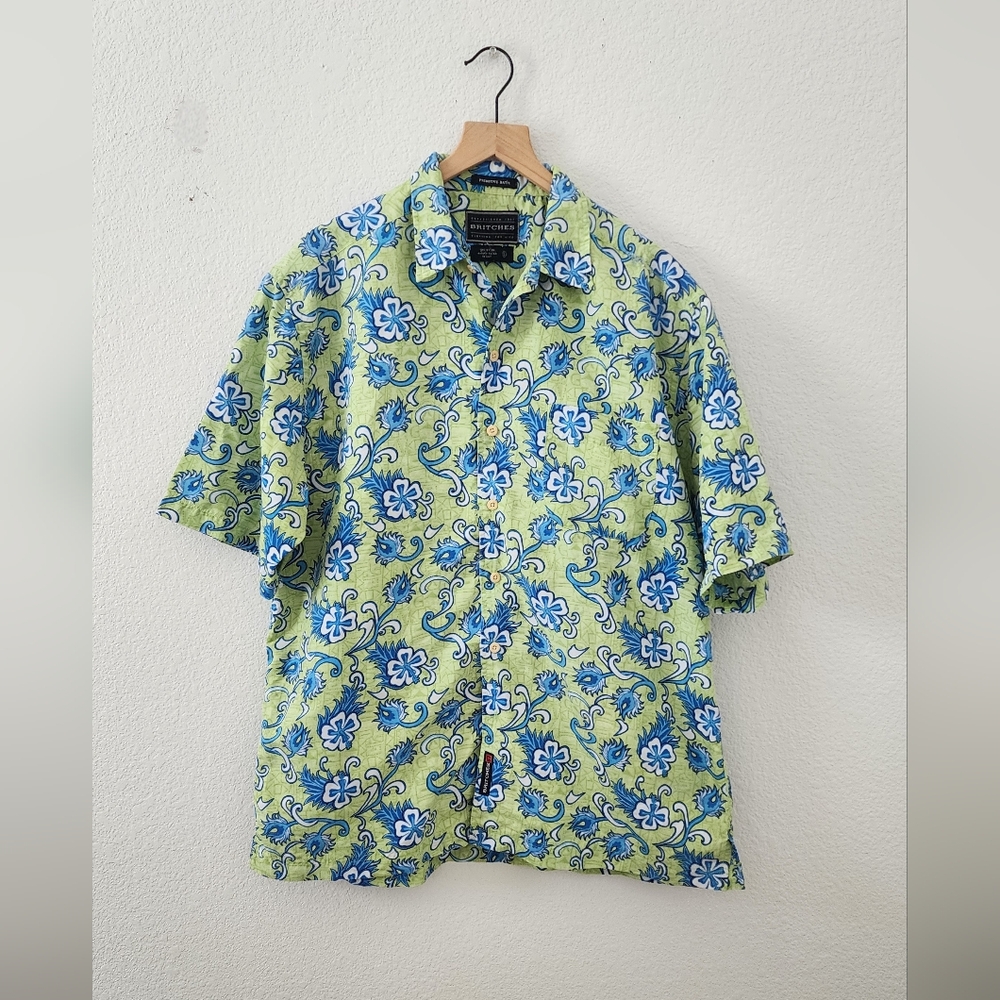 Men's XL Tropical Hawaiian Floral Green Short Sleeve Cruise Beach Laau Shirt